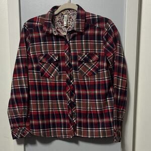 Leshop Plaid Flannel Button Down Shirt Size L Floral Trim Pockets Red Navy